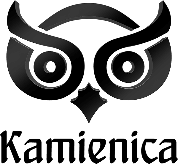 Grafika przedstawia logotyp Kamienicy. Jest to ptak przypominający sowę oraz napis Kamienica
